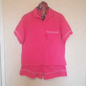 Vintage 90s Pink Cotton Shirt and Elastic Waist Shorts Set Button Down …